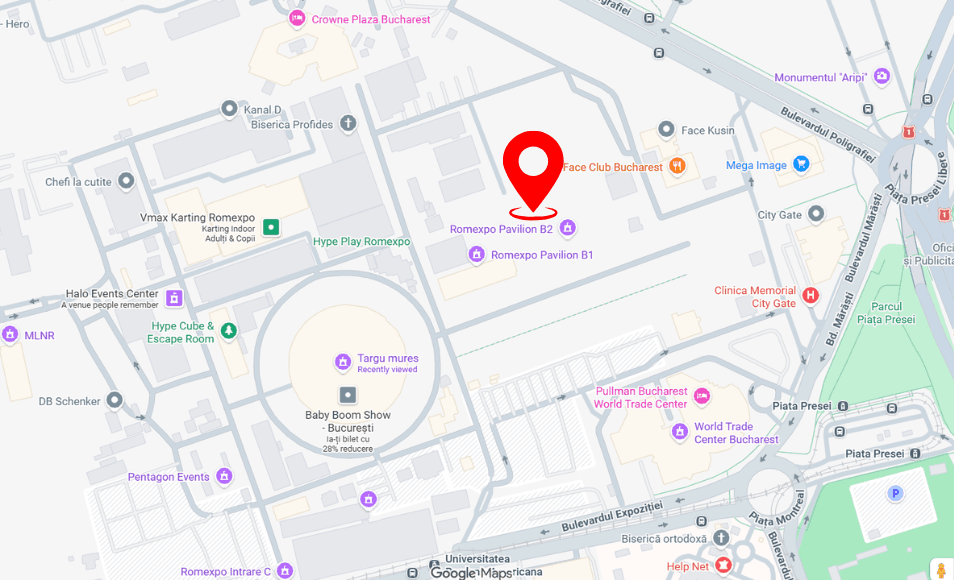 Hartă Romexpo cu Pavilionul B2 marcat cu un pin roșu, Bulevardul Poligrafiei, Bulevardul Expoziției și Piața Presei